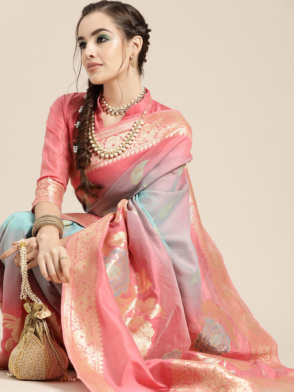 Saree Mall Pink & Blue Floral Dyed Banarasi Saree | Grocsy