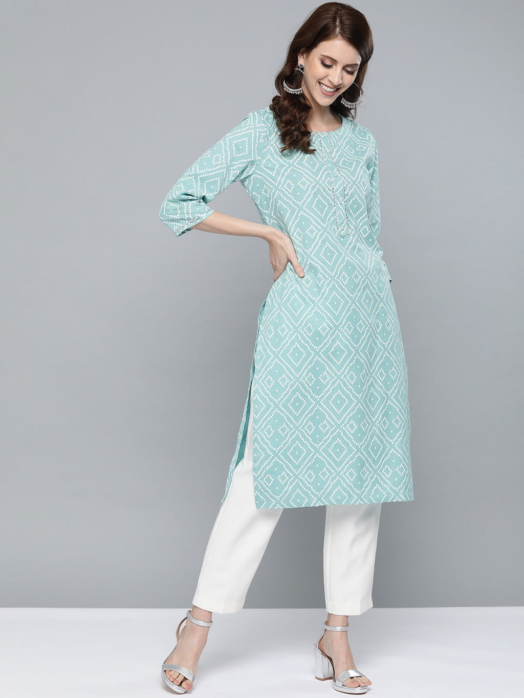 HERE&NOW Women Green & White Bandhani Print Straight Kurta | Grocsy