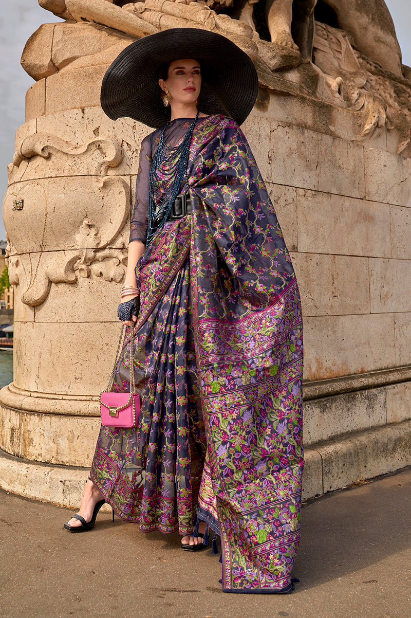 Monjolika Fashion Navy Blue Emblished Organza Contemporary Saree | Grocsy