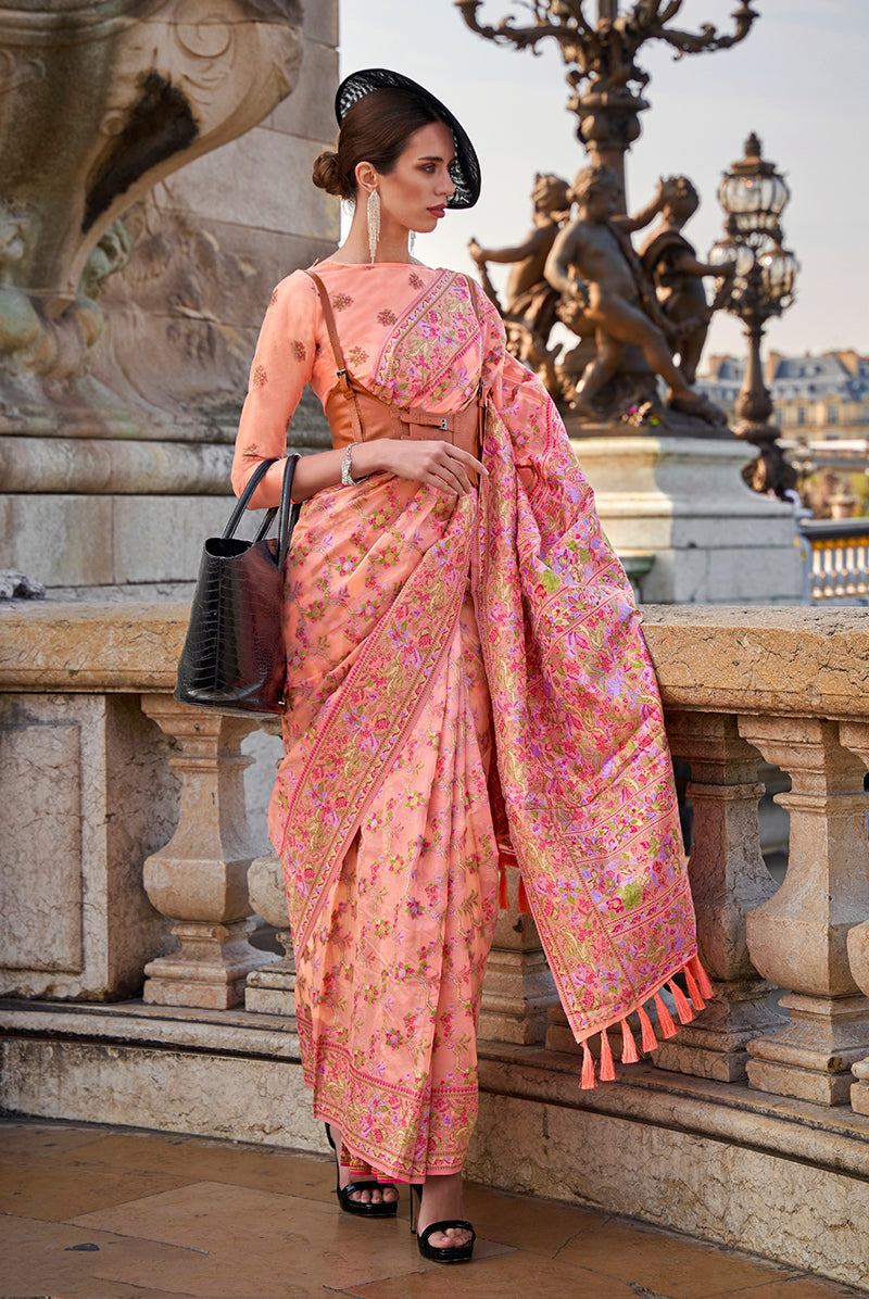 Monjolika Fashion Peach Emblished Organza Contemporary Saree | Grocsy