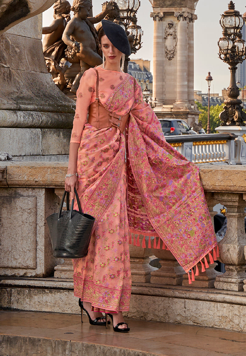 Monjolika Fashion Peach Emblished Organza Contemporary Saree | Grocsy