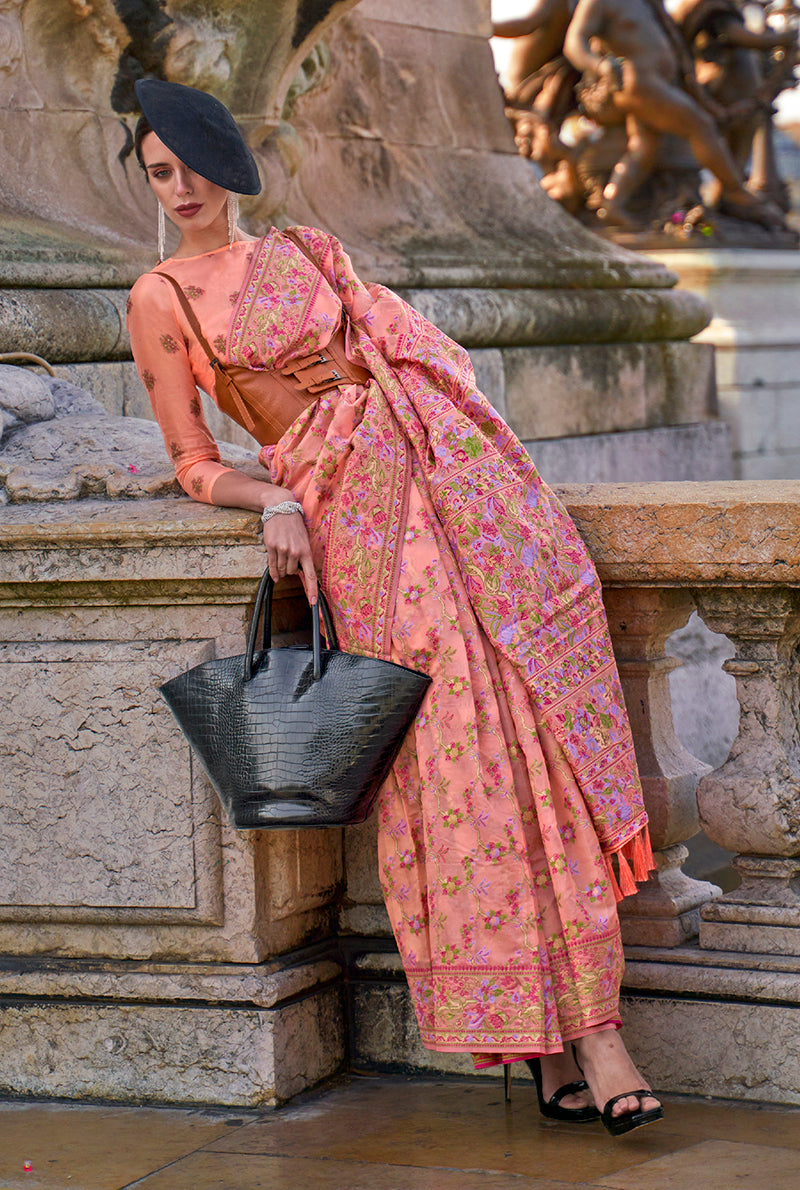 Monjolika Fashion Peach Emblished Organza Contemporary Saree | Grocsy