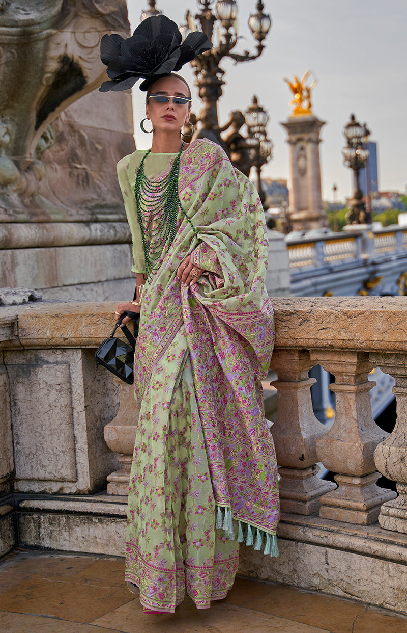 Monjolika Fashion Light Green Emblished Organza Contemporary Saree | Grocsy