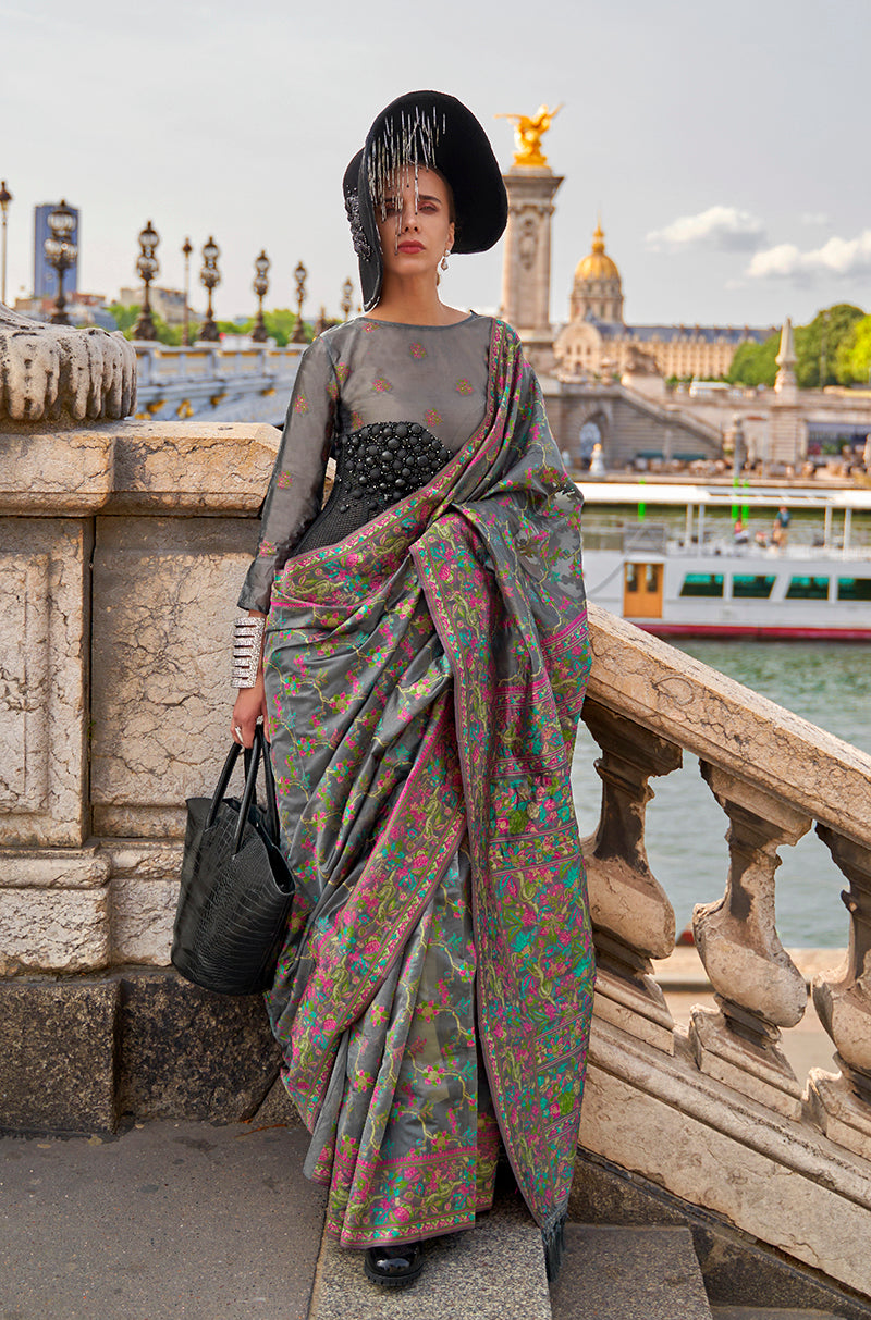 Monjolika Fashion Grey Emblished Organza Contemporary Saree | Grocsy