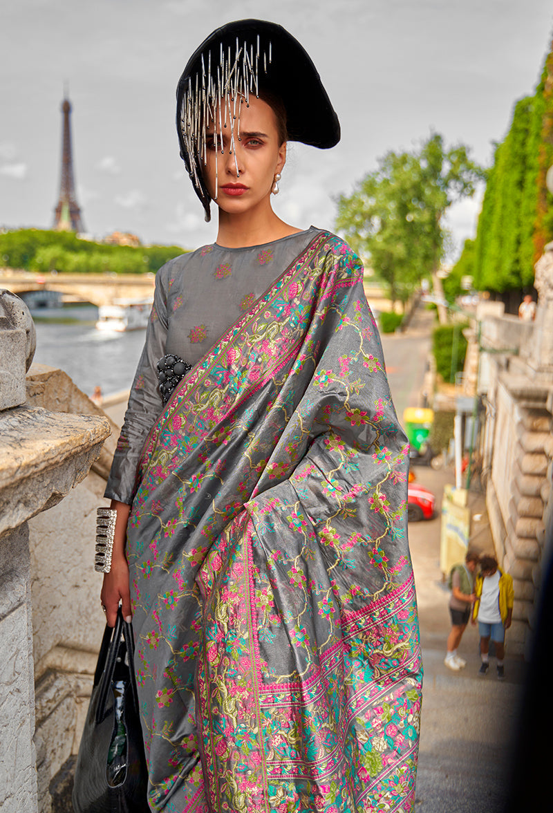 Monjolika Fashion Grey Emblished Organza Contemporary Saree | Grocsy