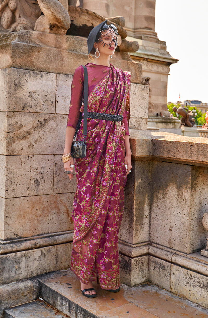 Monjolika Fashion Magenta Emblished Organza Contemporary Saree | Grocsy