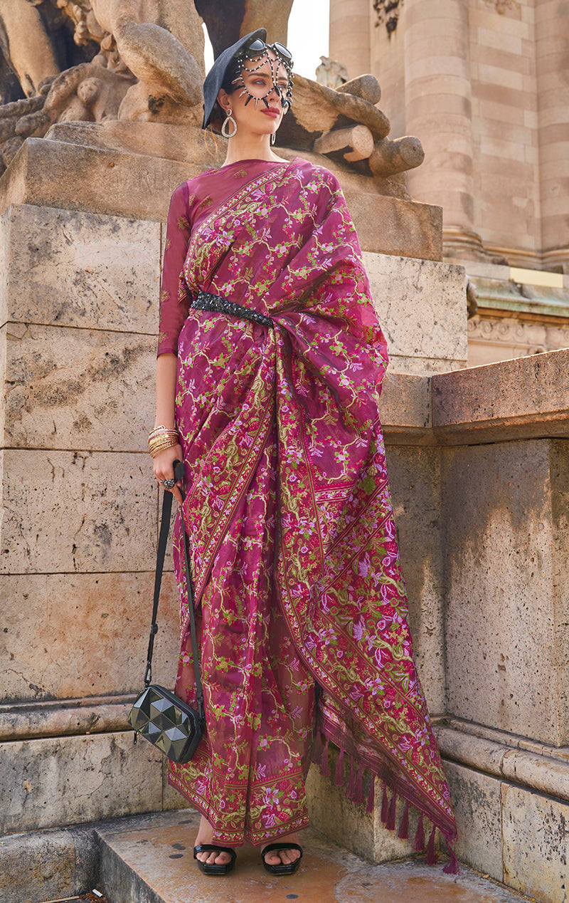 Monjolika Fashion Magenta Emblished Organza Contemporary Saree | Grocsy