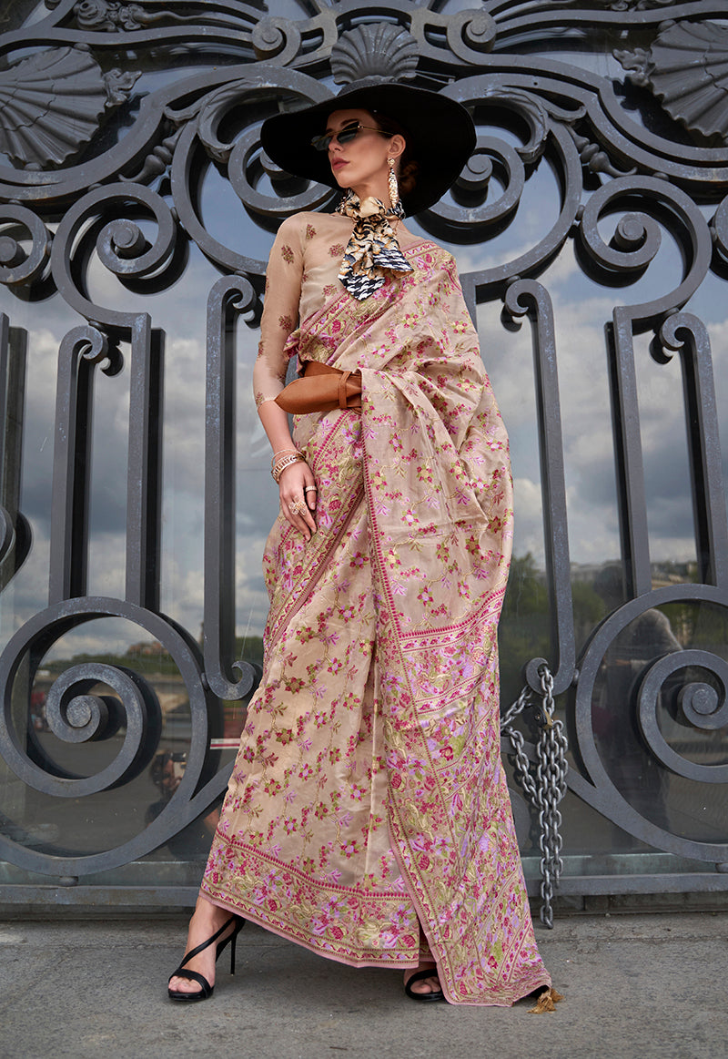 Monjolika Fashion Beige Emblished Organza Contemporary Saree | Grocsy