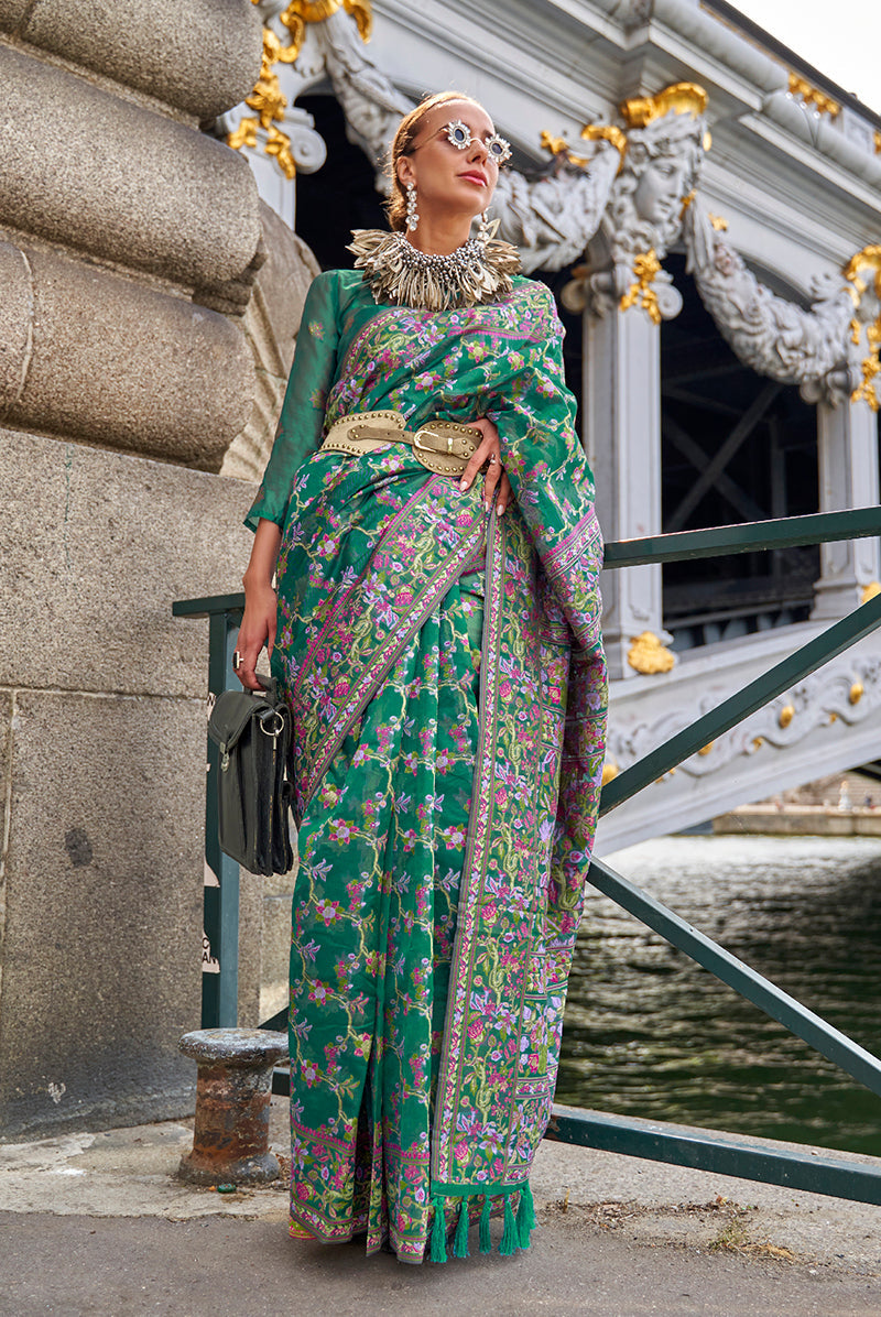 Monjolika Fashion Teal Emblished Organza Contemporary Saree | Grocsy