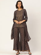 HERE&NOW Women Brown Printed Pure Cotton Top with Palazzos & With Dupatta | Grocsy