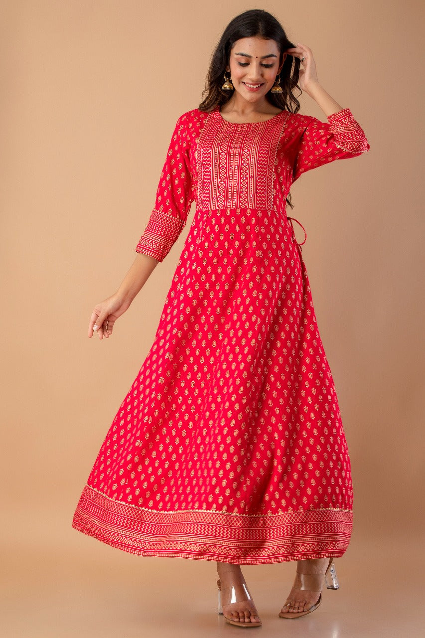 Juniper Fuchsia Rayon Festive Wear Foil Printed A-Line Long Dress | Grocsy