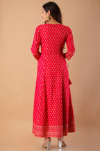 Juniper Fuchsia Rayon Festive Wear Foil Printed A-Line Long Dress | Grocsy