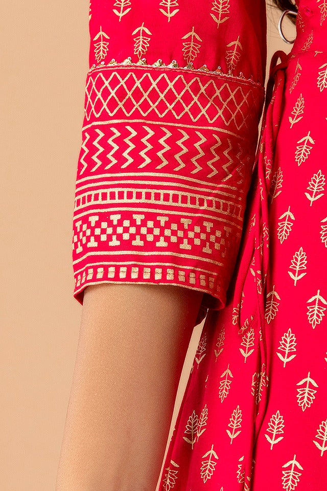 Juniper Fuchsia Rayon Festive Wear Foil Printed A-Line Long Dress | Grocsy