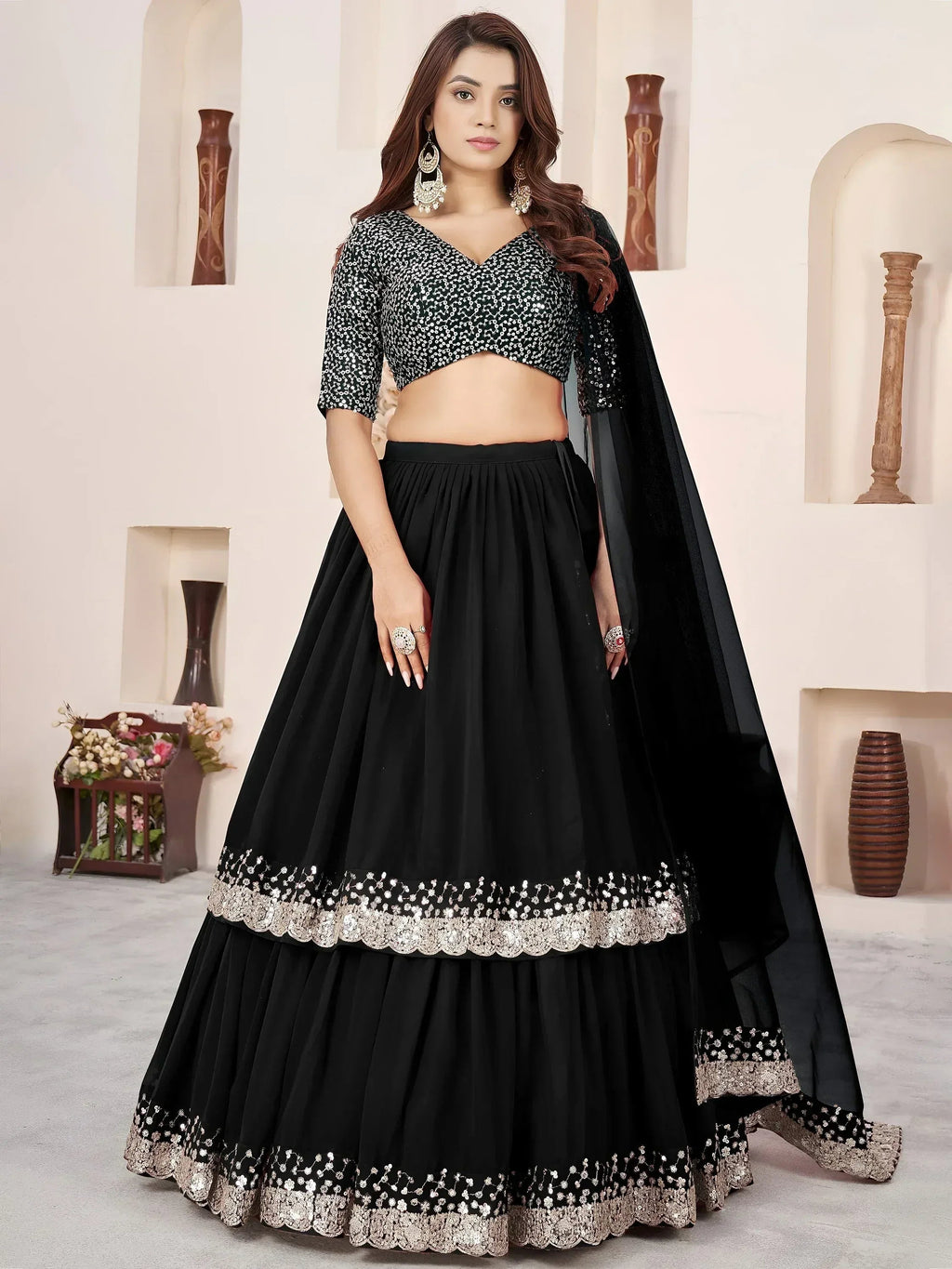 Tulsi Art Outstanding Black Sequins Georgette Wedding Wear Lehenga Choli | Grocsy