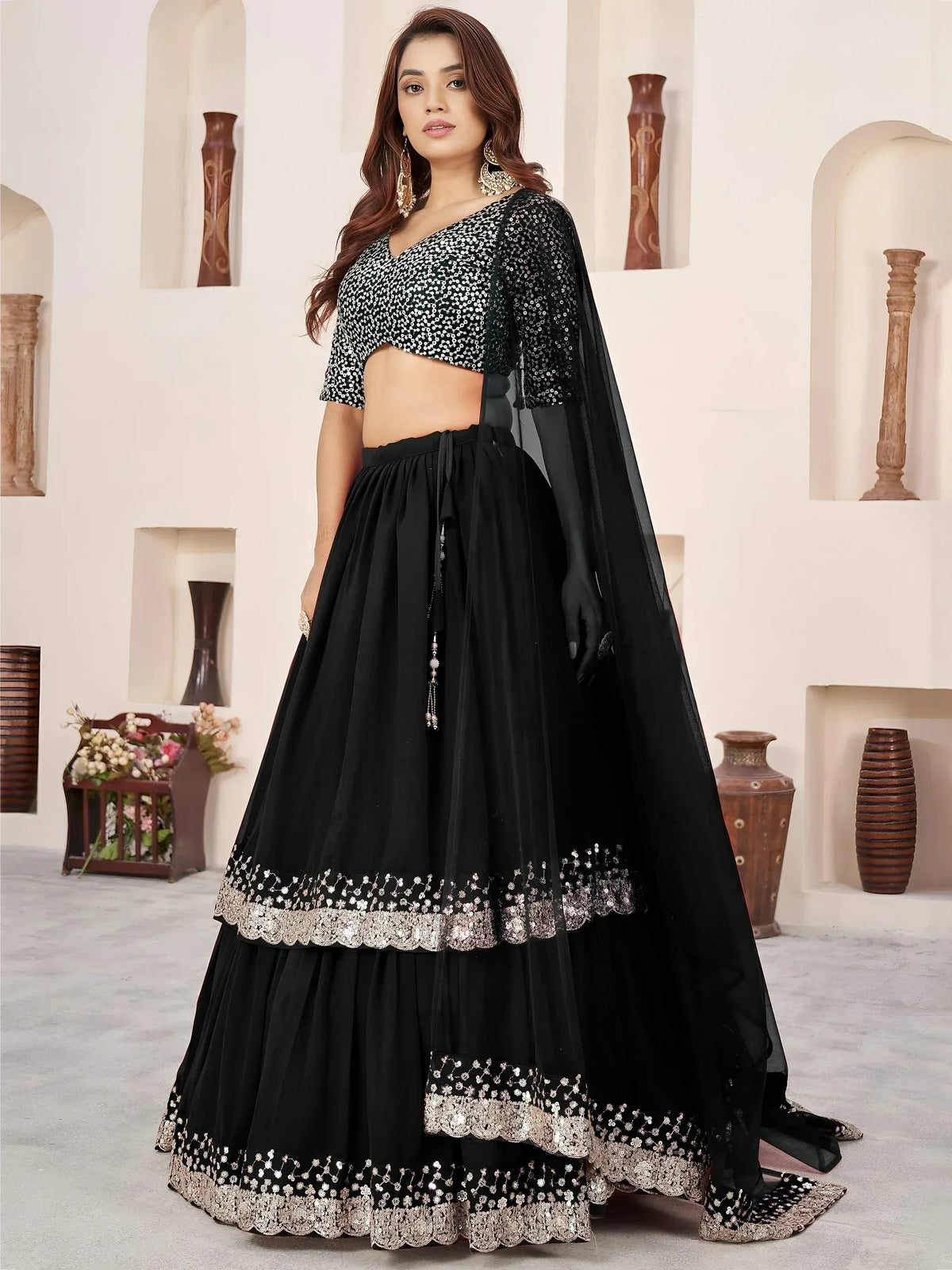 Tulsi Art Outstanding Black Sequins Georgette Wedding Wear Lehenga Choli | Grocsy