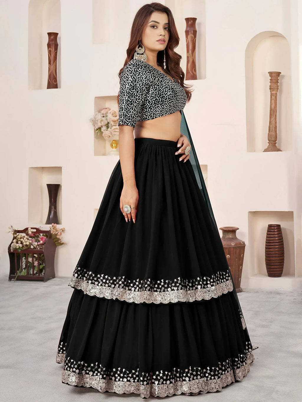 Tulsi Art Outstanding Black Sequins Georgette Wedding Wear Lehenga Choli | Grocsy