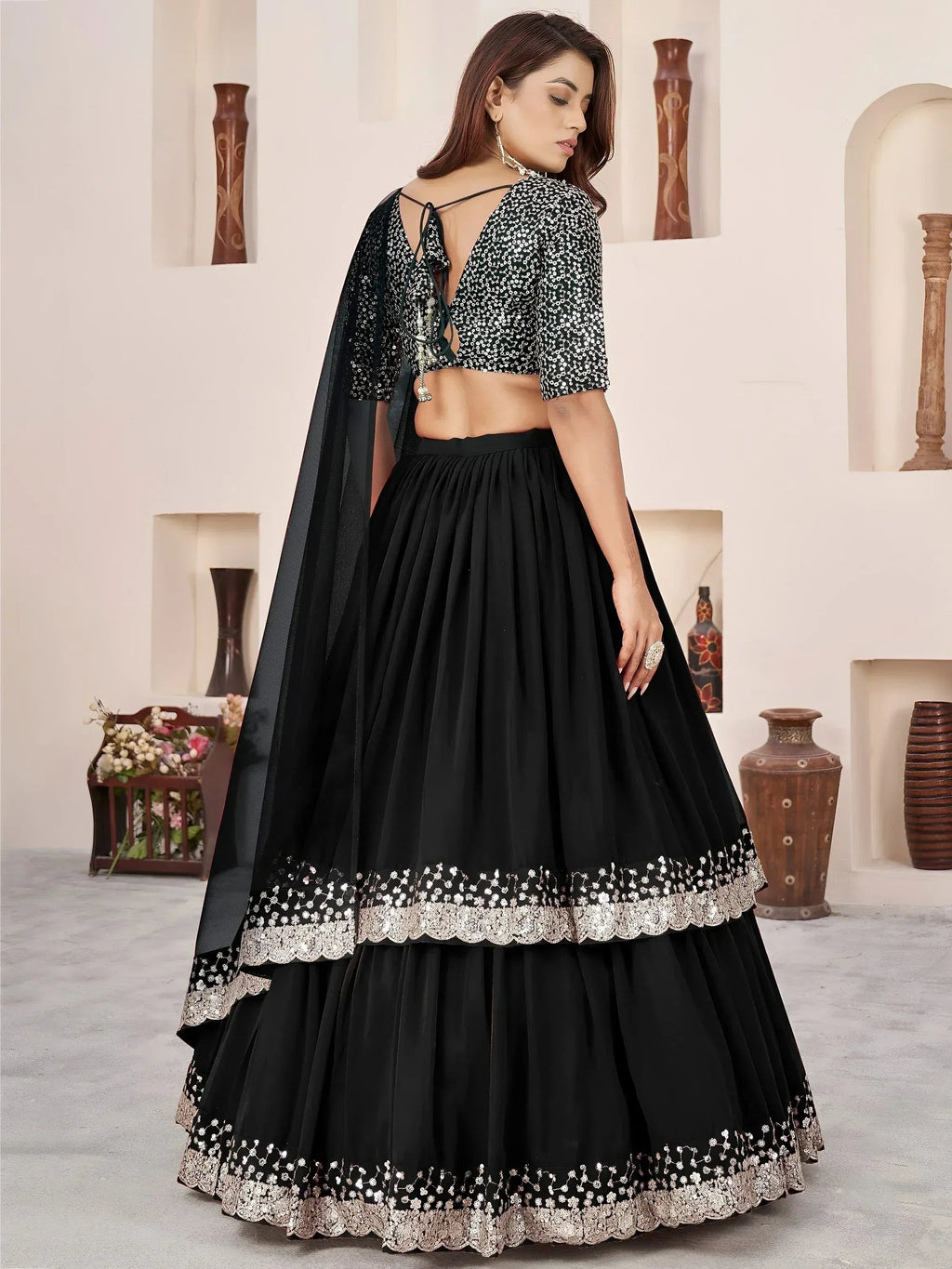 Tulsi Art Outstanding Black Sequins Georgette Wedding Wear Lehenga Choli | Grocsy
