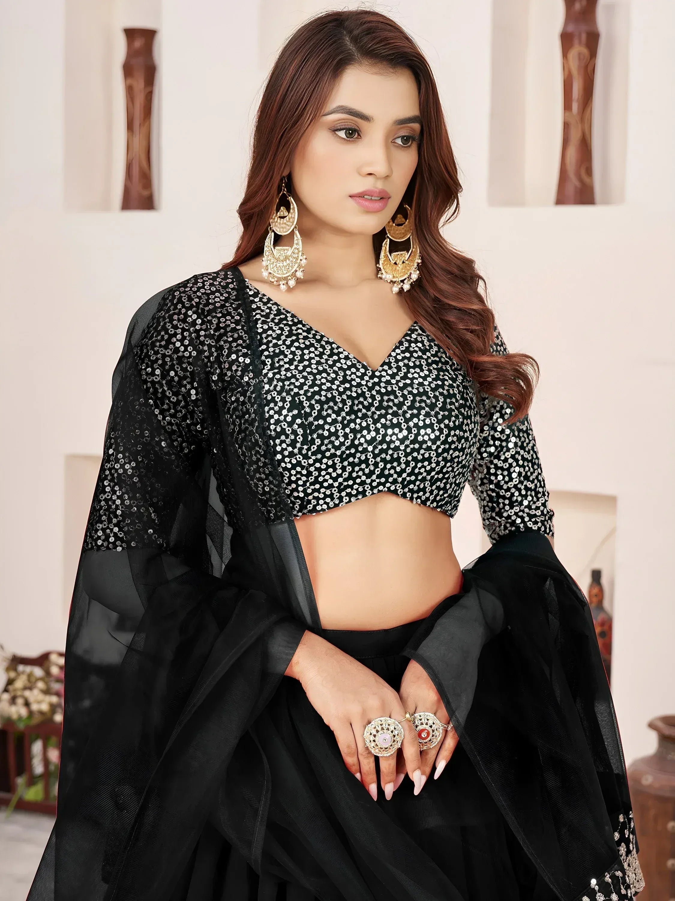 Tulsi Art Outstanding Black Sequins Georgette Wedding Wear Lehenga Choli | Grocsy
