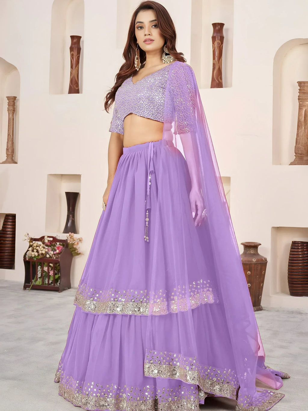 Tulsi Art Precious Lavender Sequins Georgette Wedding Wear Lehenga Choli | Grocsy