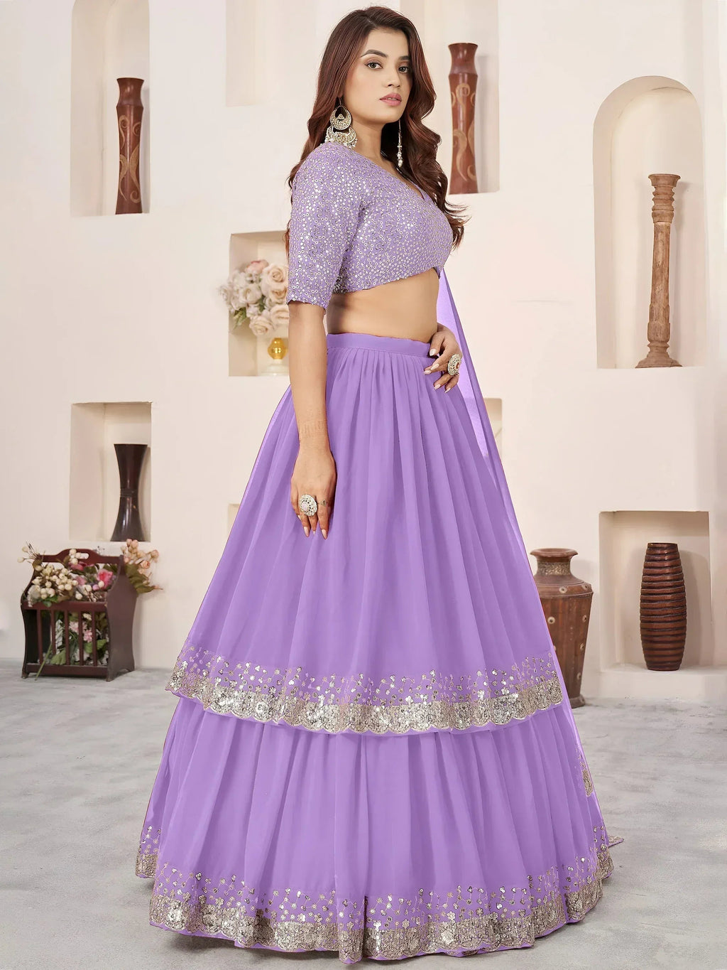 Tulsi Art Precious Lavender Sequins Georgette Wedding Wear Lehenga Choli | Grocsy