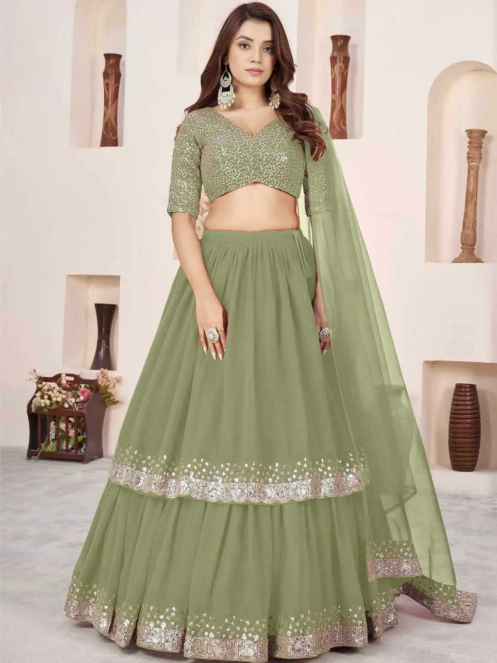 Tulsi Art Amazing Olive Green Sequins Georgette Wedding Wear Lehenga Choli | Grocsy