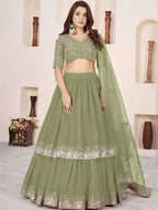 Tulsi Art Amazing Olive Green Sequins Georgette Wedding Wear Lehenga Choli | Grocsy