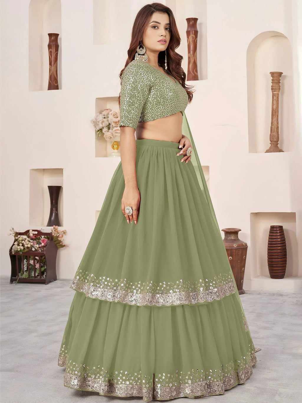 Tulsi Art Amazing Olive Green Sequins Georgette Wedding Wear Lehenga Choli | Grocsy
