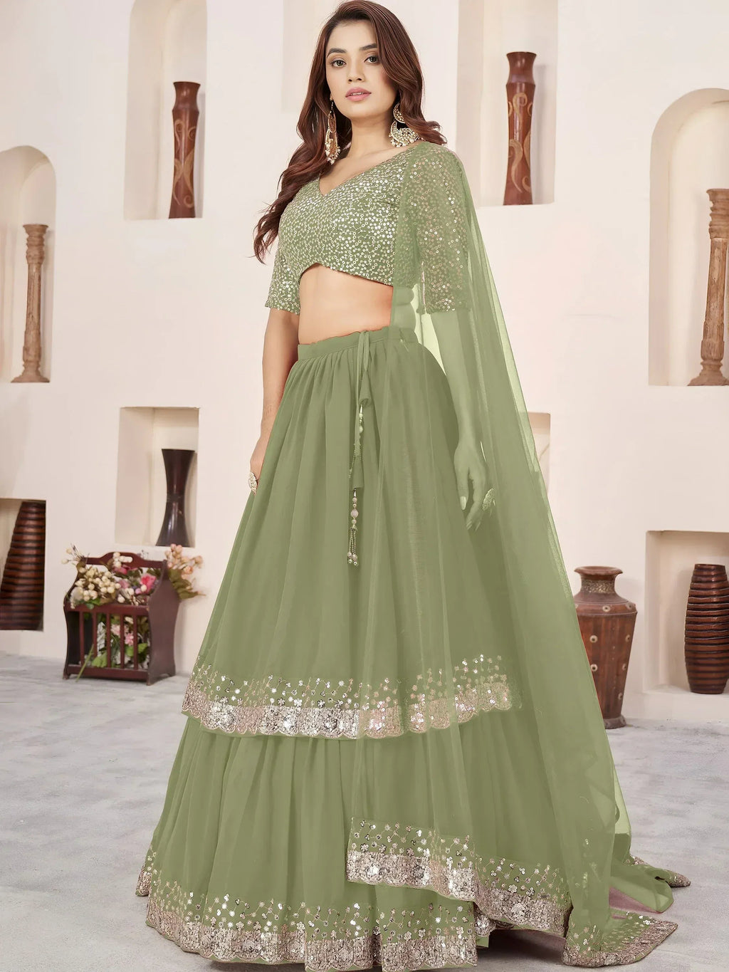 Tulsi Art Amazing Olive Green Sequins Georgette Wedding Wear Lehenga Choli | Grocsy