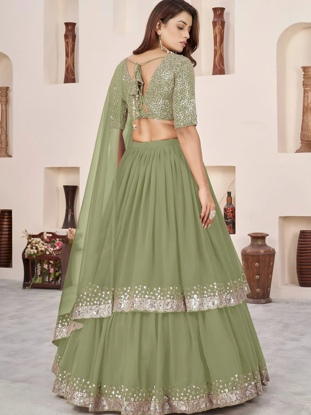 Tulsi Art Amazing Olive Green Sequins Georgette Wedding Wear Lehenga Choli | Grocsy