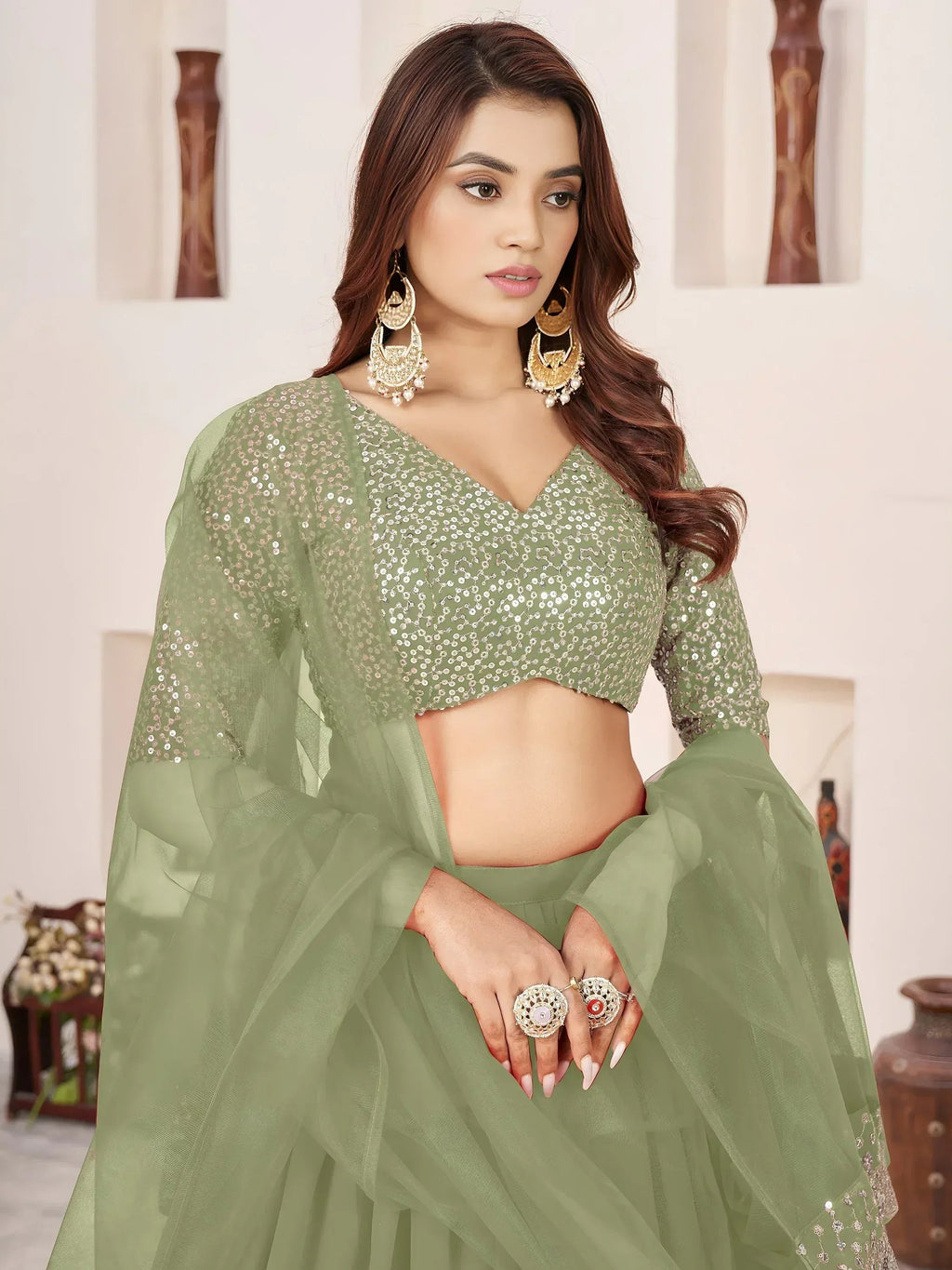 Tulsi Art Amazing Olive Green Sequins Georgette Wedding Wear Lehenga Choli | Grocsy