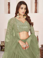 Tulsi Art Amazing Olive Green Sequins Georgette Wedding Wear Lehenga Choli | Grocsy