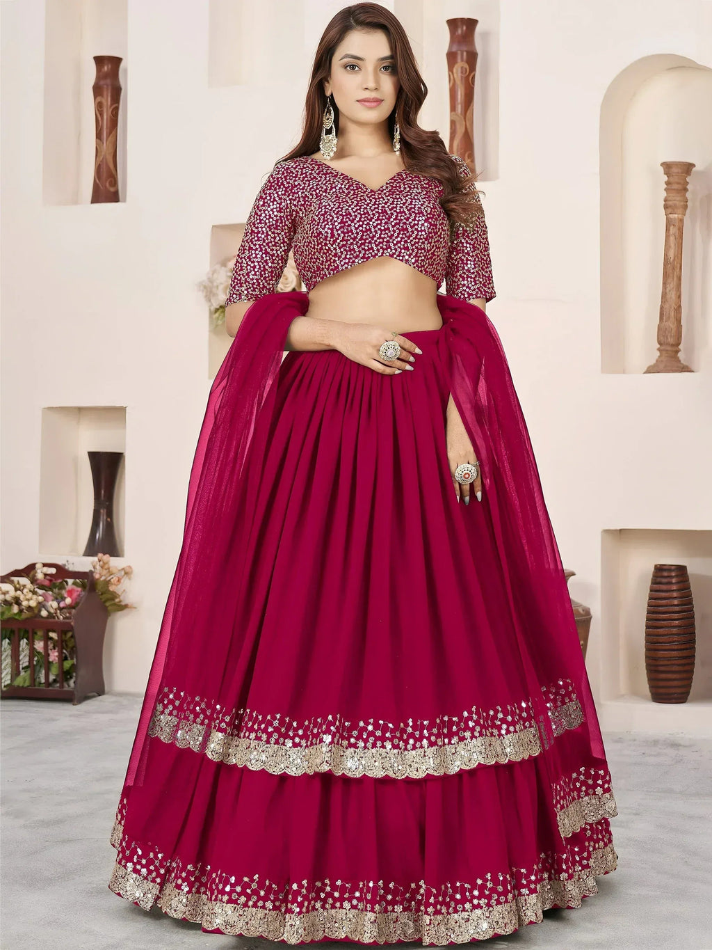 Tulsi Art Beautiful Pink Sequins Georgette Wedding Wear Lehenga Choli | Grocsy