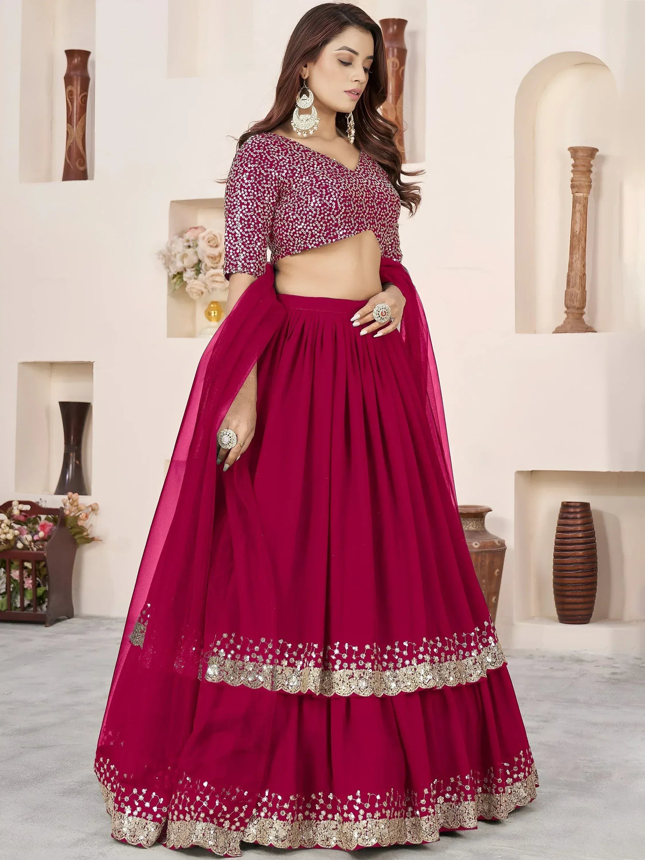 Tulsi Art Beautiful Pink Sequins Georgette Wedding Wear Lehenga Choli | Grocsy