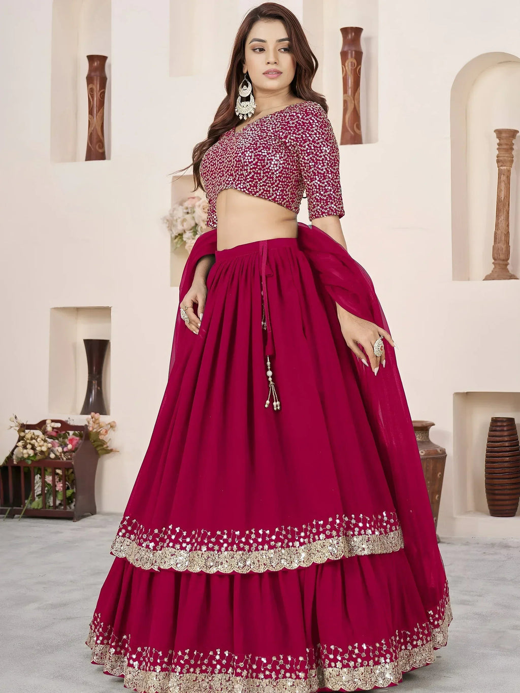 Tulsi Art Beautiful Pink Sequins Georgette Wedding Wear Lehenga Choli | Grocsy
