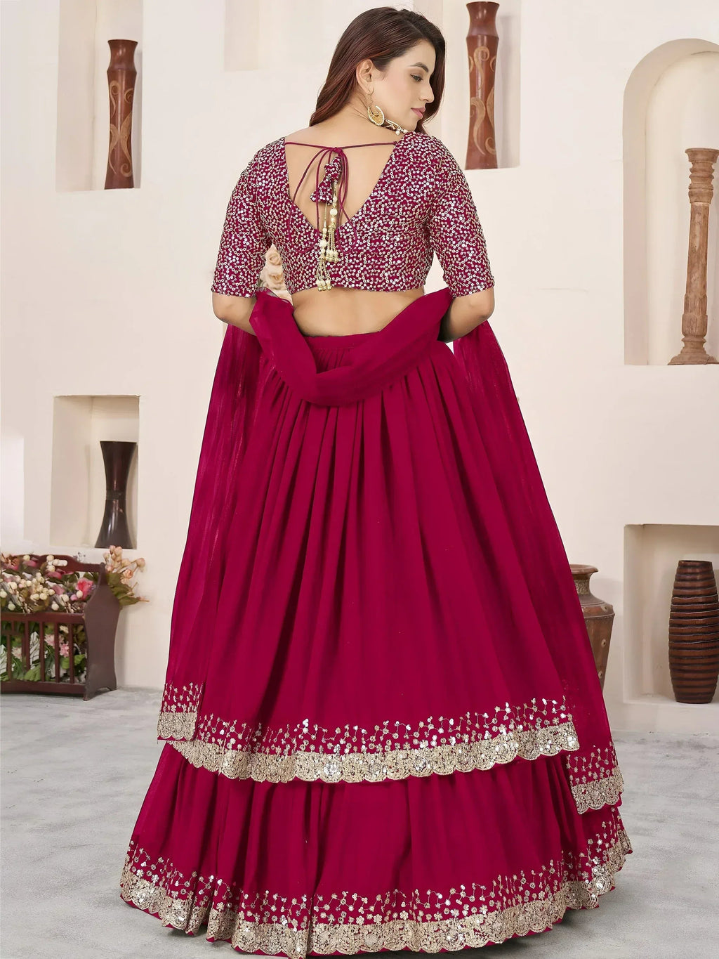 Tulsi Art Beautiful Pink Sequins Georgette Wedding Wear Lehenga Choli | Grocsy