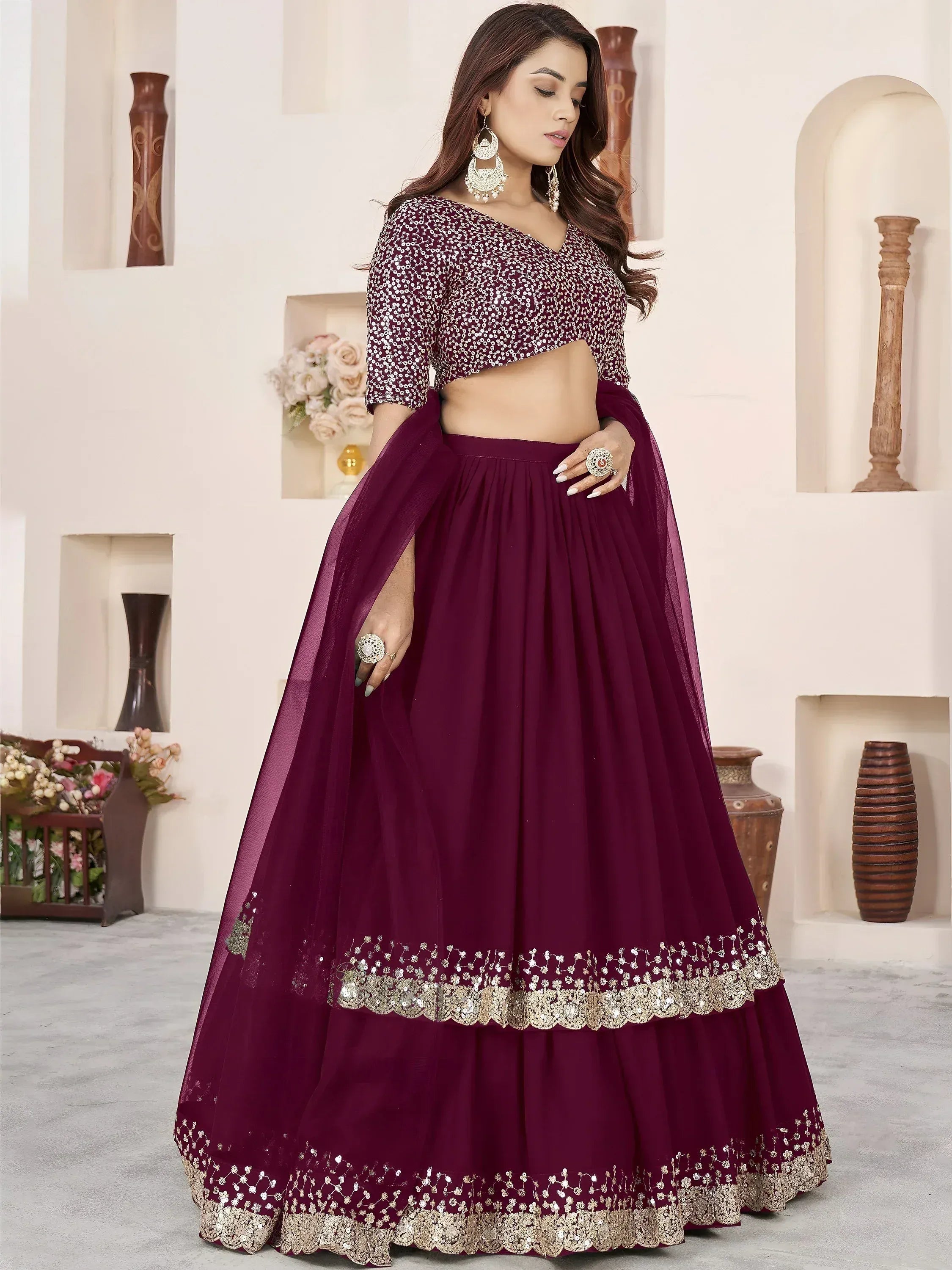 Tulsi Art Charming Purple Sequins Georgette Engagement Wear Lehenga Choli | Grocsy