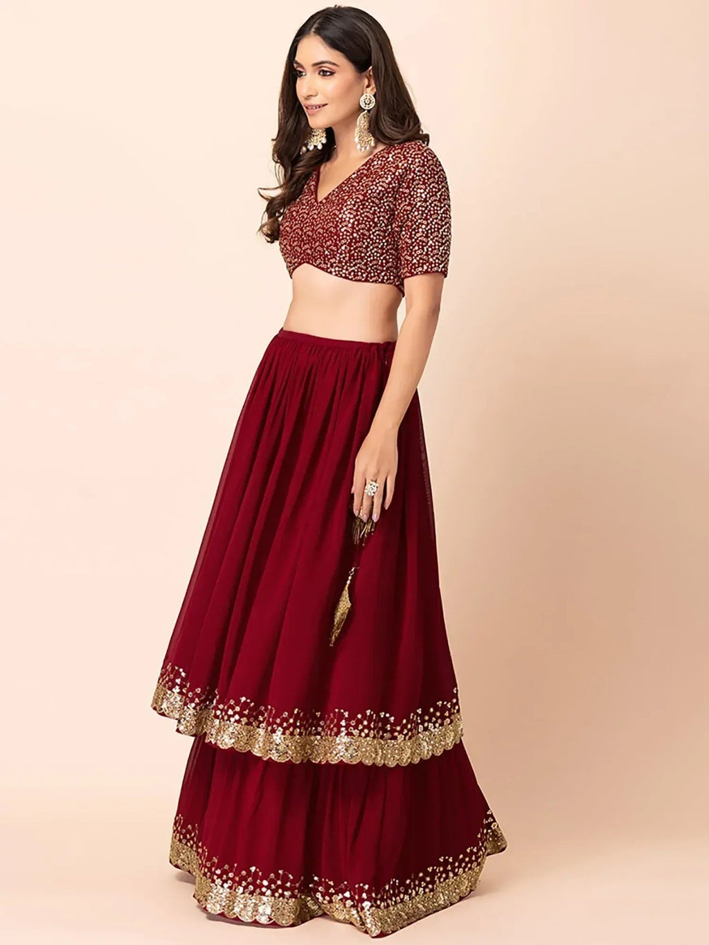 Tulsi Art Wonderful Maroon Sequins Georgette Party Wear Lehenga Choli | Grocsy