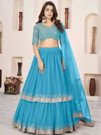 Tulsi Art Dazzling Sky Blue Sequins Georgette Sangeet Wear Lehenga Choli | Grocsy