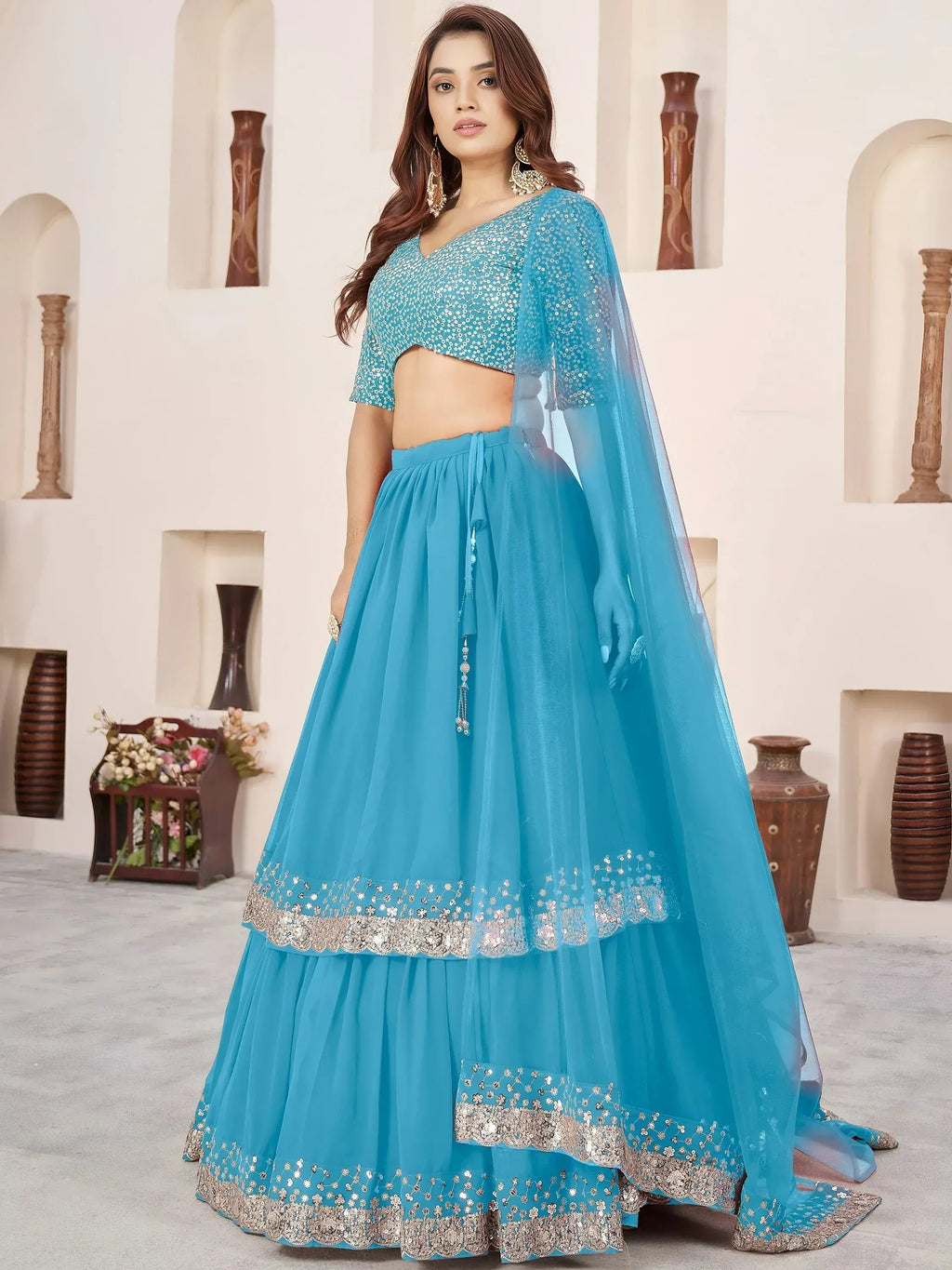 Tulsi Art Dazzling Sky Blue Sequins Georgette Sangeet Wear Lehenga Choli | Grocsy