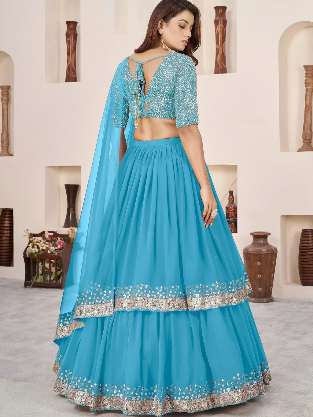 Tulsi Art Dazzling Sky Blue Sequins Georgette Sangeet Wear Lehenga Choli | Grocsy