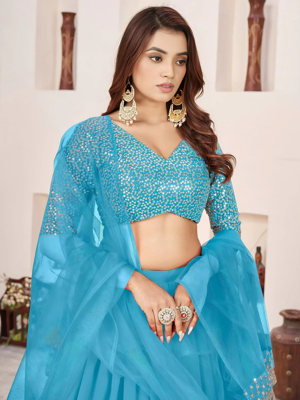 Tulsi Art Dazzling Sky Blue Sequins Georgette Sangeet Wear Lehenga Choli | Grocsy