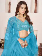 Tulsi Art Dazzling Sky Blue Sequins Georgette Sangeet Wear Lehenga Choli | Grocsy
