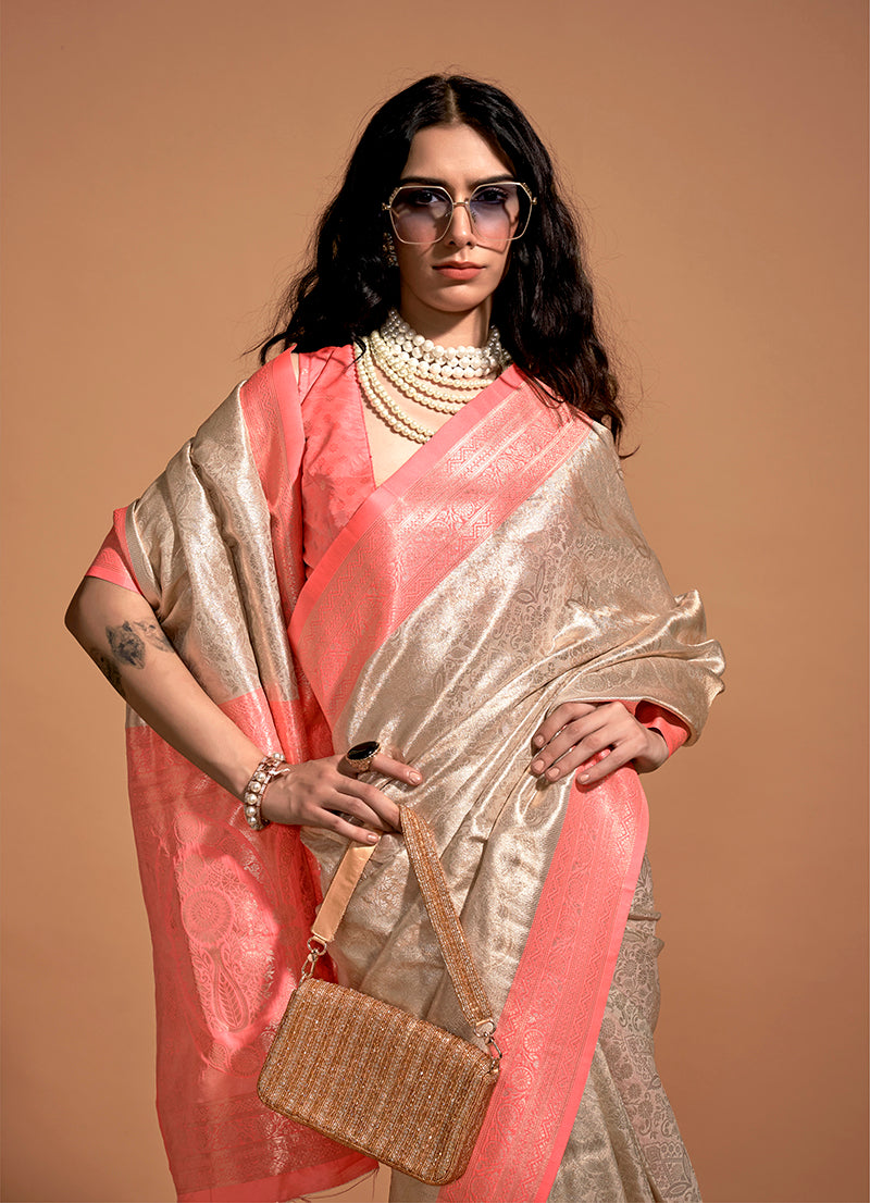 Monjolika Fashion Peach Kanjipuram Silk Woven Designer Saree | Grocsy