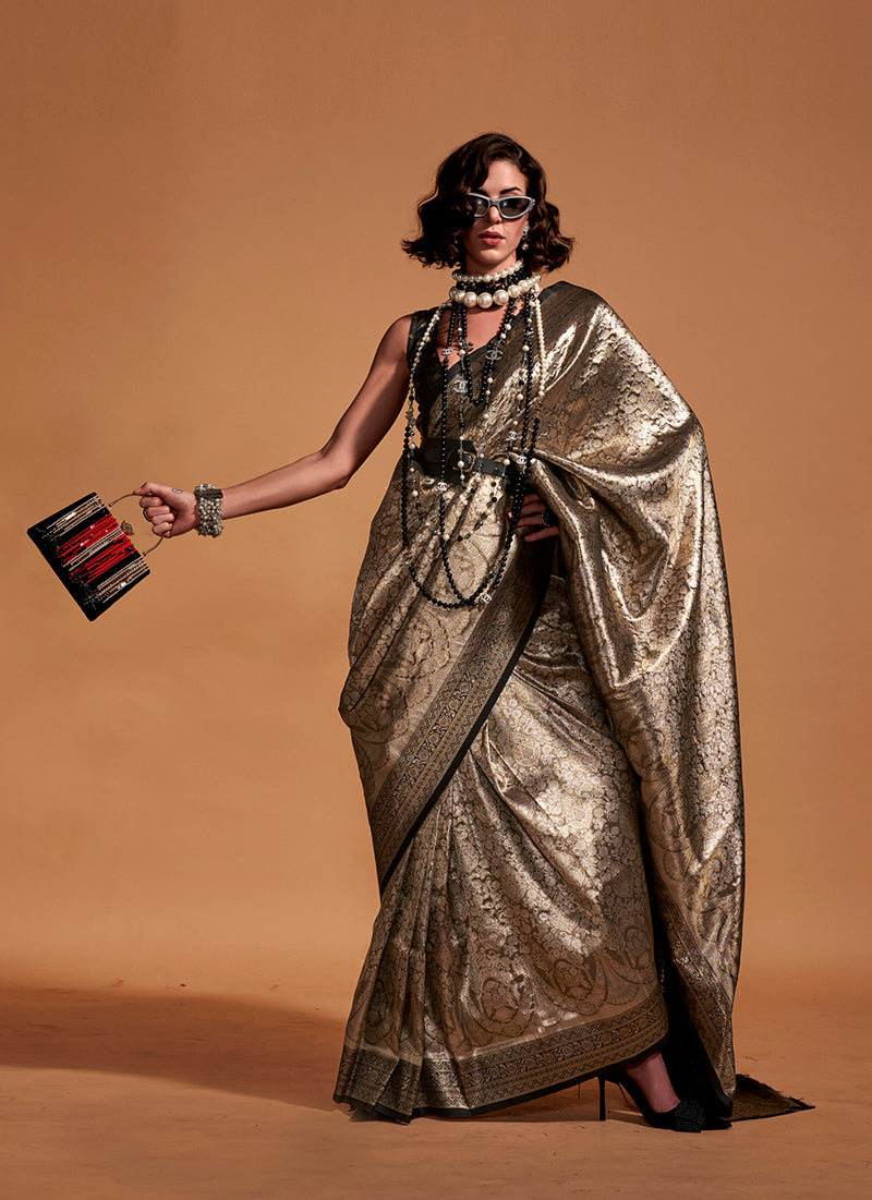 Monjolika Fashion Black And Gold Kanjipuram Silk Woven Designer Saree | Grocsy