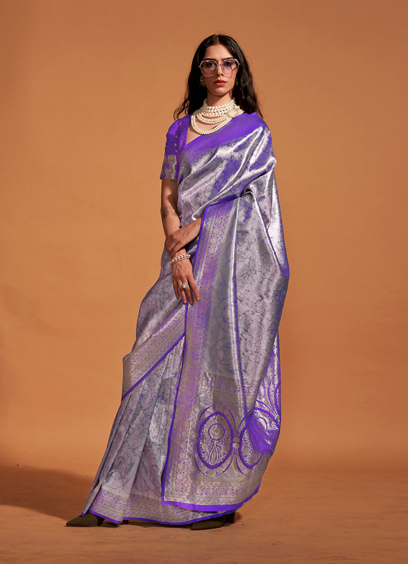Monjolika Fashion Dark Violet Kanjipuram Silk Woven Designer Saree | Grocsy