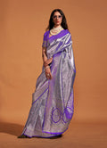 Monjolika Fashion Dark Violet Kanjipuram Silk Woven Designer Saree | Grocsy