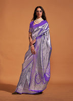 Monjolika Fashion Dark Violet Kanjipuram Silk Woven Designer Saree | Grocsy