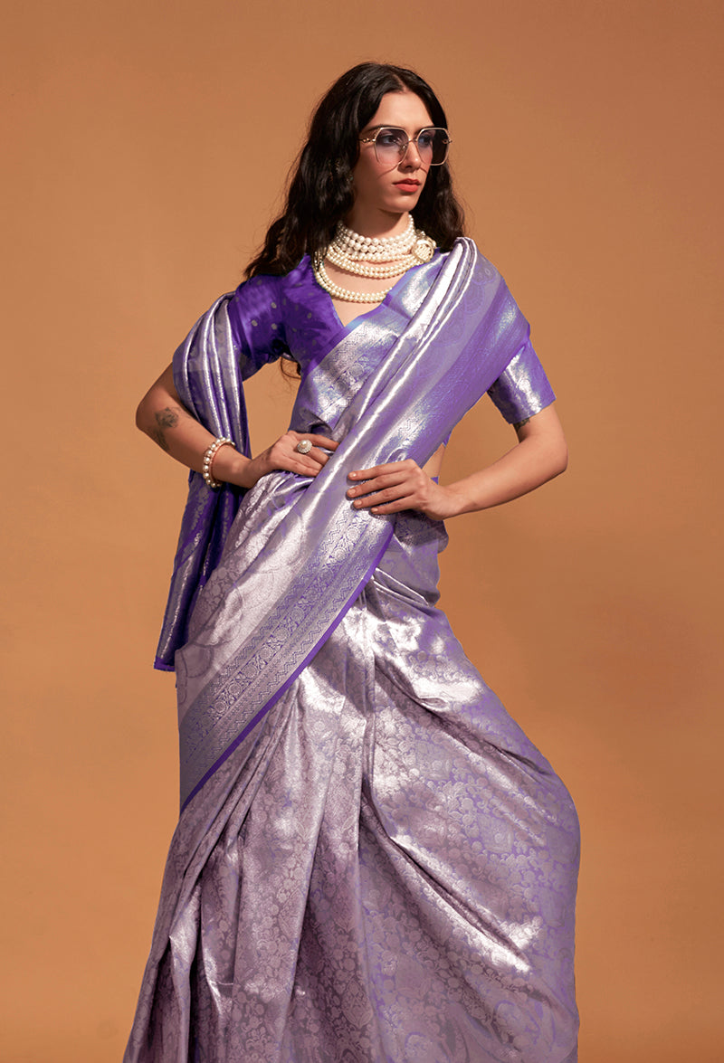 Monjolika Fashion Dark Violet Kanjipuram Silk Woven Designer Saree | Grocsy