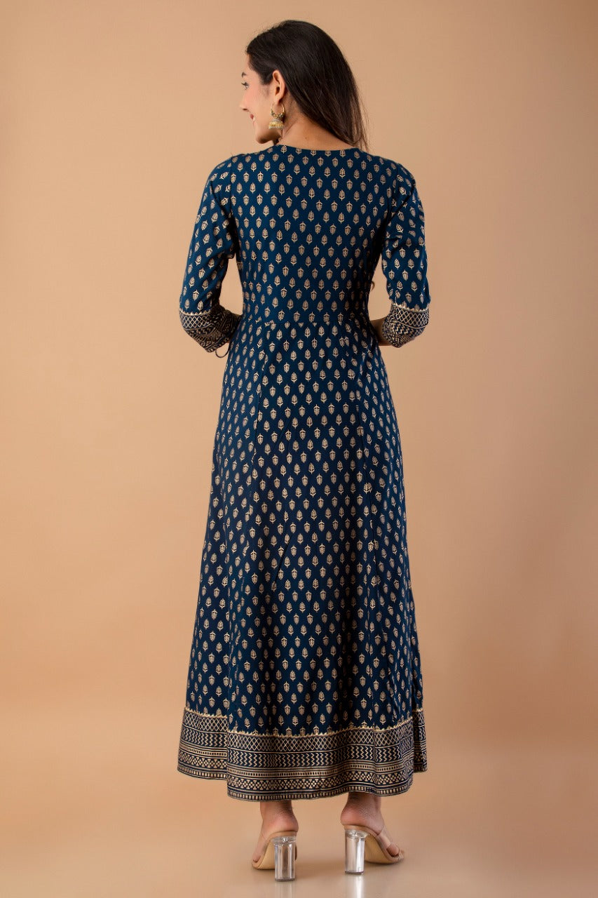 Juniper Navy Rayon Festive Wear Foil Printed A-Line Long Dress | Grocsy