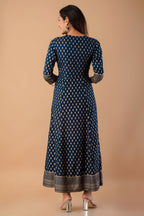 Juniper Navy Rayon Festive Wear Foil Printed A-Line Long Dress | Grocsy